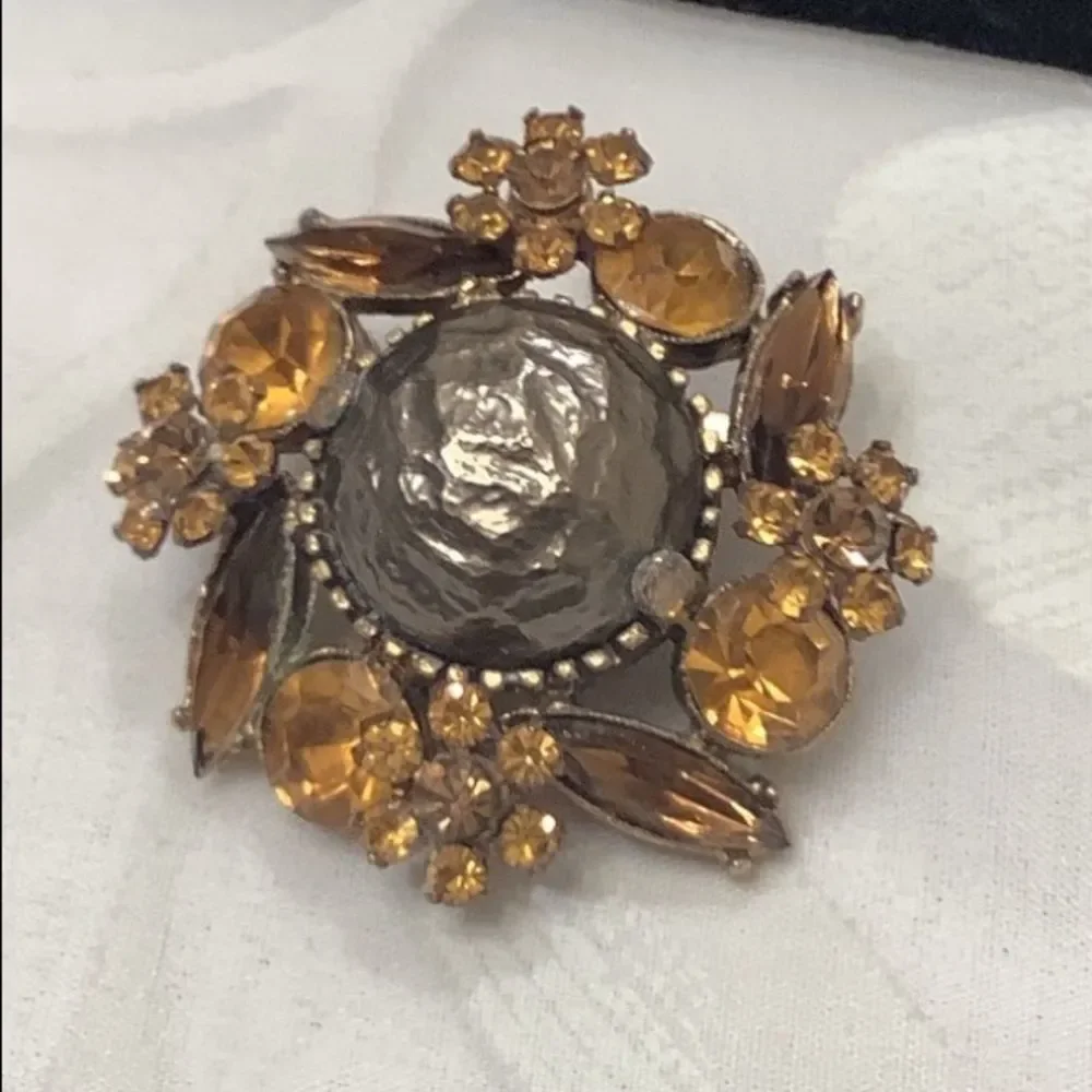 Vintage Amber Rhinestones And Baroque Pearl Brooch